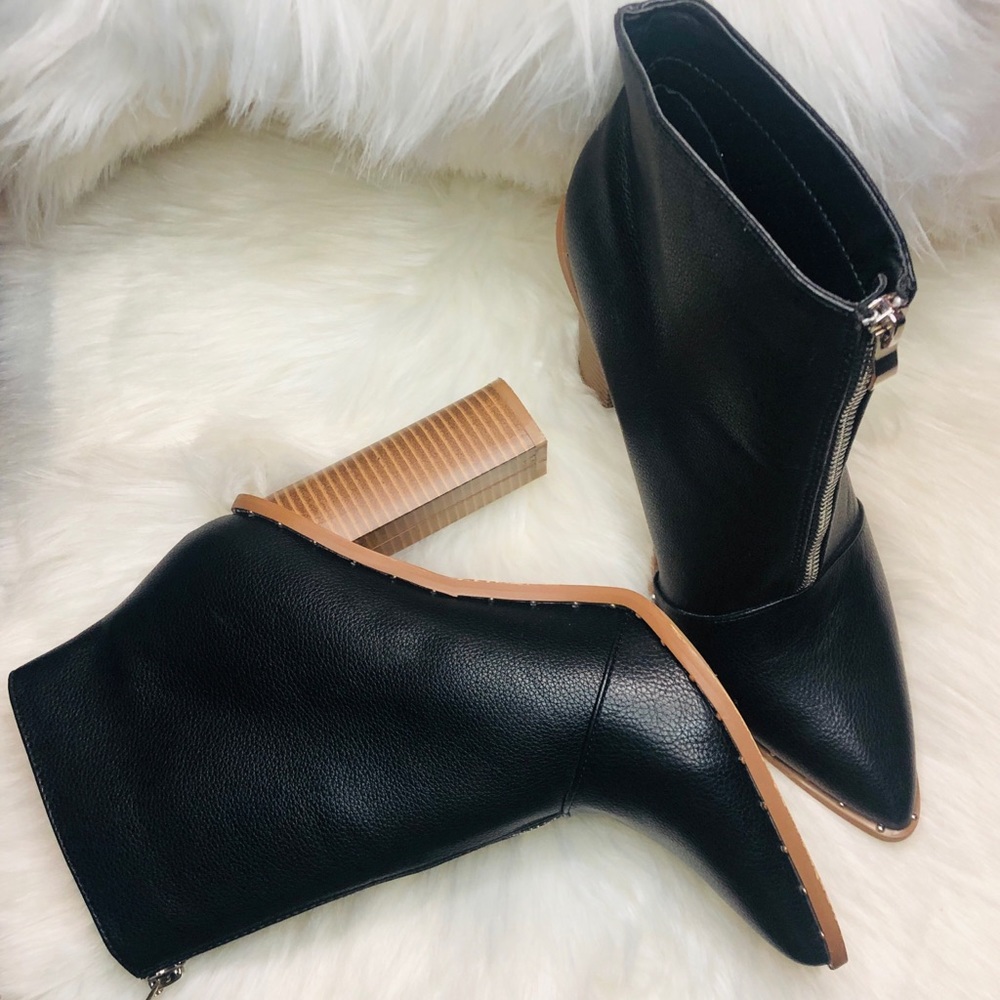 Black Zip Front Stack Heeled Boots